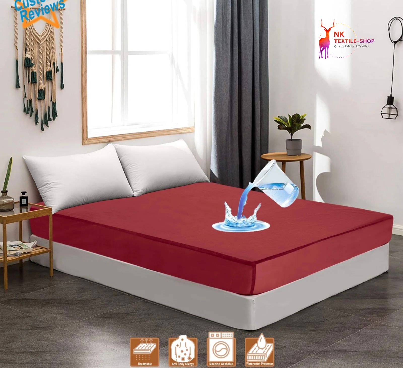 Terry Cotton 100% Waterproof Fitted Style Mattress Protector- Red \ Meroon Color